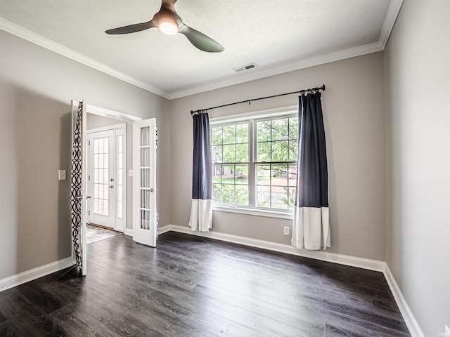 2747 Thornhill Dr, Evansville, IN 47725 - unfurnished room with crown molding, dark wood-style flooring, french doors, a ceiling fan, and baseboards