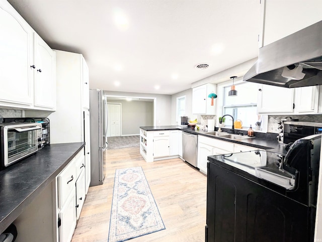 7382 Denise Dr, Fort Wayne, IN 46835 - kitchen with stainless steel appliances, ventilation hood, a sink, light wood-style floors, and dark countertops
