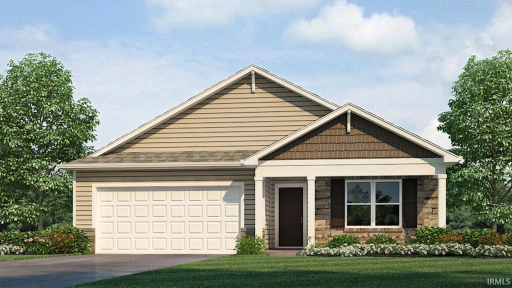 1248 Pleasant Hill Pl, Fort Wayne, IN 46818 - craftsman house with a garage, stone siding, driveway, and a front lawn