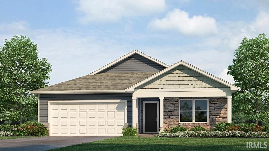 3802 Bradley Dr, Fort Wayne, IN 46818 - view of front facade with concrete driveway, a garage, stone siding, and roof with shingles