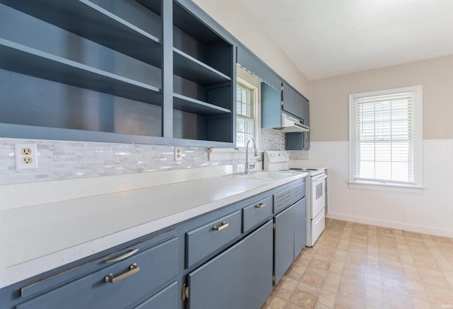 2500 N Govenor St, Evansville, IN 47711 - kitchen featuring electric stove, a sink, open shelves, a wainscoted wall, and blue cabinets