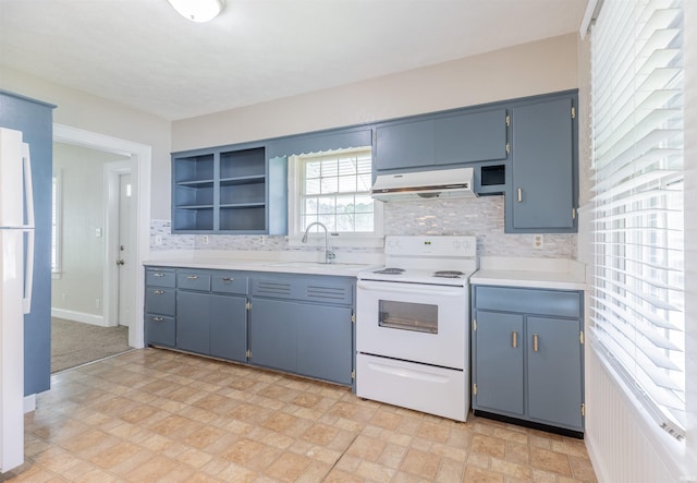2500 N Govenor St, Evansville, IN 47711 - kitchen with white appliances, range hood, a sink, open shelves, and blue cabinetry