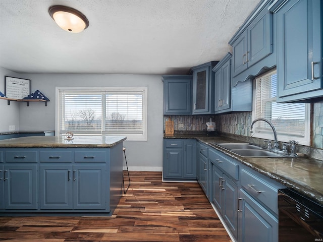 3780 S 550 E, Hamilton, IN 46742 - kitchen with dishwasher, a sink, blue cabinetry, dark wood-style flooring, and a textured ceiling
