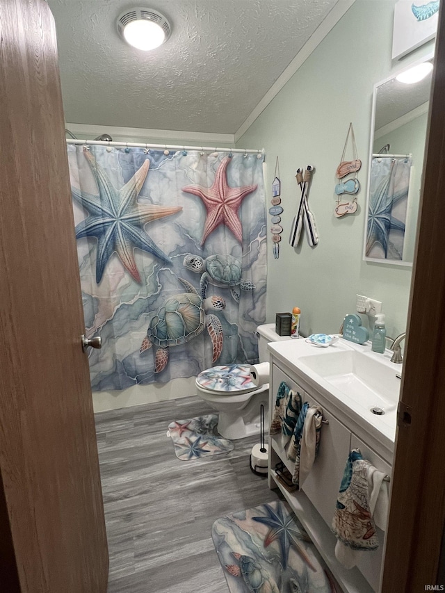 2940 N Stanford Woods Dr, Solsberry, IN 47459 - full bath featuring a textured ceiling, vanity, wood finished floors, crown molding, and toilet
