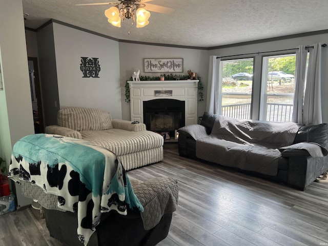 2940 N Stanford Woods Dr, Solsberry, IN 47459 - living room with crown molding, wood-type flooring, a ceiling fan, a textured ceiling, and a fireplace