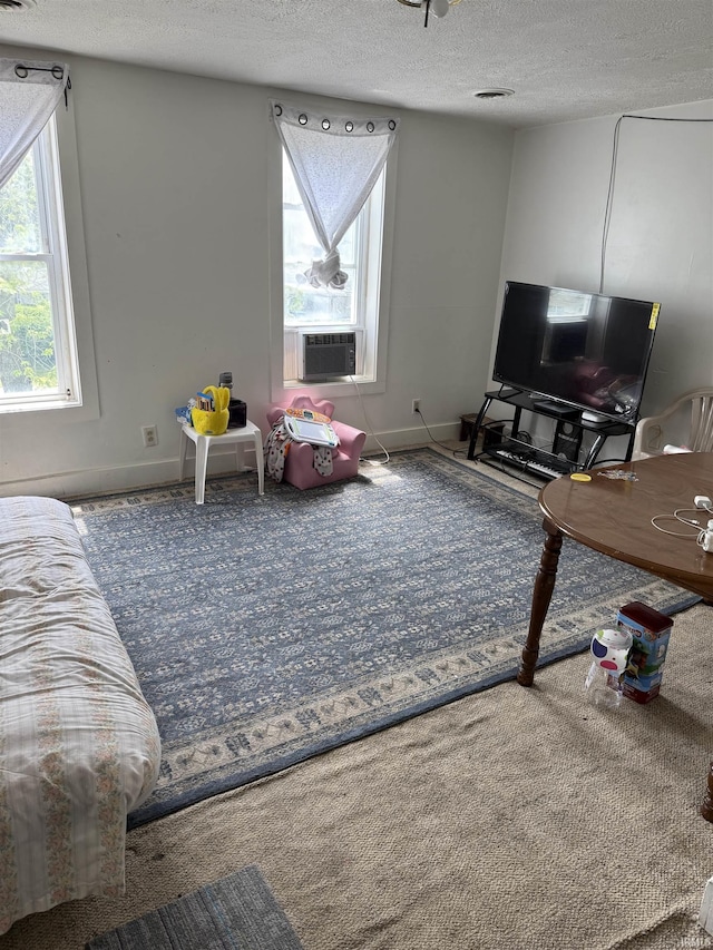 1214 Spear St, Logansport, IN 46947 - carpeted living room featuring a textured ceiling, cooling unit, and baseboards