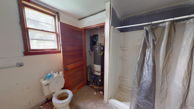 736 N 13th St, Elwood, IN 46036 - bathroom featuring water heater, a stall shower, toilet, and concrete flooring
