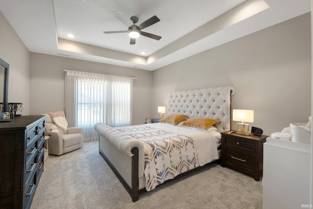 13909 Stone Table Blvd, Fort Wayne, IN 46845 - bedroom with light colored carpet, a raised ceiling, a ceiling fan, and recessed lighting
