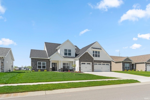 13909 Stone Table Blvd, Fort Wayne, IN 46845 - craftsman-style house with stone siding, driveway, a garage, a front lawn, and roof with shingles