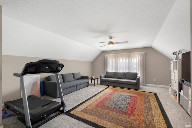 13909 Stone Table Blvd, Fort Wayne, IN 46845 - workout room with carpet flooring, vaulted ceiling, a ceiling fan, and a textured ceiling