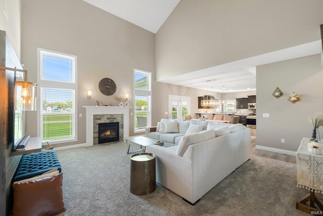 13909 Stone Table Blvd, Fort Wayne, IN 46845 - living area featuring baseboards, a stone fireplace, high vaulted ceiling, and wood finished floors