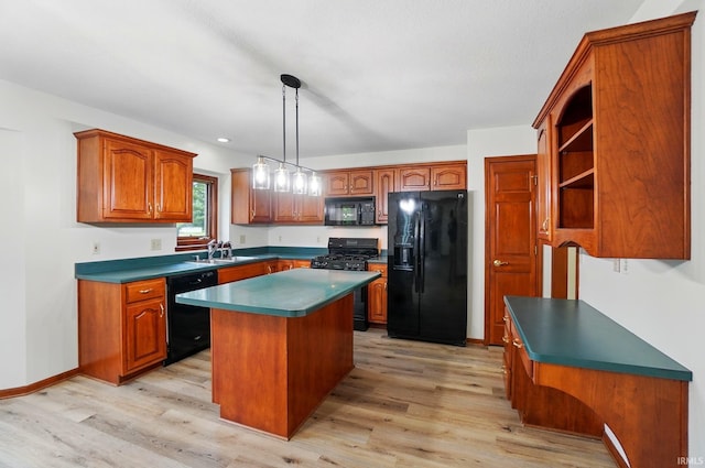 611 Big Valley Ct, Huntertown, IN 46748 - kitchen featuring black appliances, open shelves, light wood-style floors, and a center island