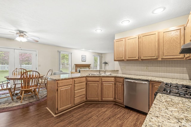 51062 Oak Hollow Ln, South Bend, IN 46628 - kitchen featuring dishwasher, dark wood finished floors, a peninsula, and a ceiling fan