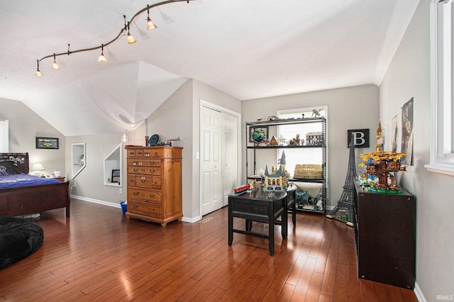 51405 Amesburry Way, Granger, IN 46530 - bedroom with multiple windows, baseboards, dark wood-style flooring, and a closet