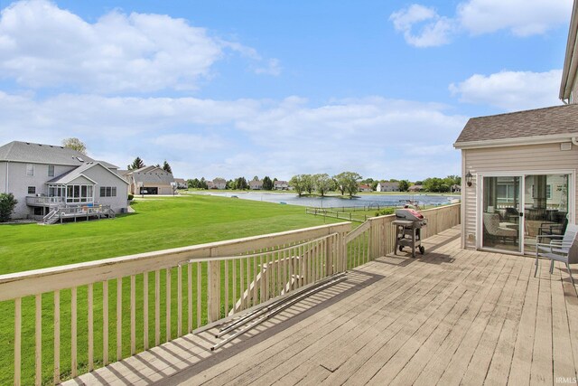 51405 Amesburry Way, Granger, IN 46530 - wooden deck with a water view, grilling area, and a yard