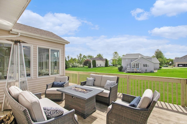 51405 Amesburry Way, Granger, IN 46530 - deck featuring an outdoor living space with a fire pit, a yard, and a residential view