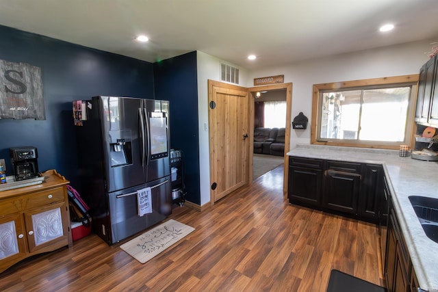 9143 S 900 W, Lafontaine, IN 46940 - kitchen featuring stainless steel fridge, dark wood-style floors, and recessed lighting