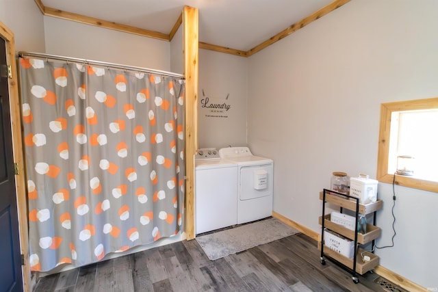 9143 S 900 W, Lafontaine, IN 46940 - washroom featuring washer and clothes dryer, ornamental molding, and dark wood-style floors