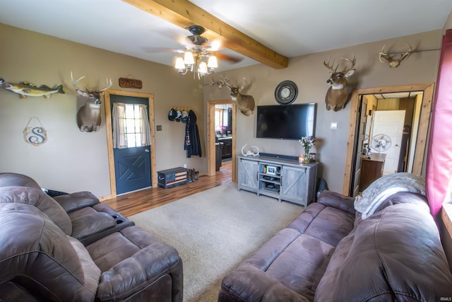 9143 S 900 W, Lafontaine, IN 46940 - living room with ceiling fan, beam ceiling, and wood finished floors