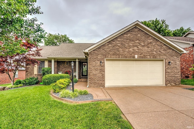 804 Alyssum Dr, Evansville, IN 47712 - ranch-style home with driveway, a garage, brick siding, a front lawn, and a shingled roof