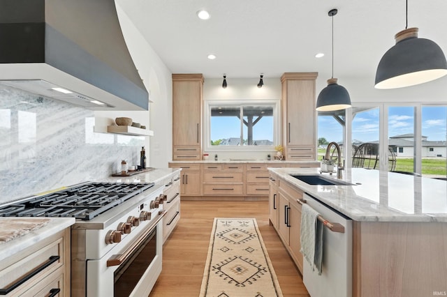 17807 Milazzo Cv, Huntertown, IN 46748 - kitchen featuring premium range hood, white appliances, a sink, light brown cabinets, and light wood-type flooring