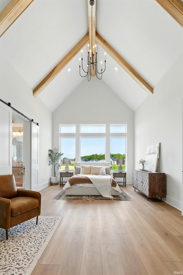 17807 Milazzo Cv, Huntertown, IN 46748 - bedroom with high vaulted ceiling, a chandelier, beamed ceiling, a barn door, and multiple windows