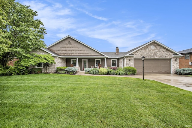 56129 Riverdale Dr, Elkhart, IN 46514 - view of front facade featuring a garage, a porch, a chimney, driveway, and a front yard