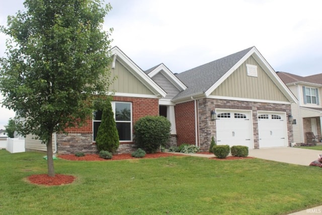5110 Mustang Dr, Evansville, IN 47715 - craftsman house with a garage, concrete driveway, a front yard, board and batten siding, and stone siding
