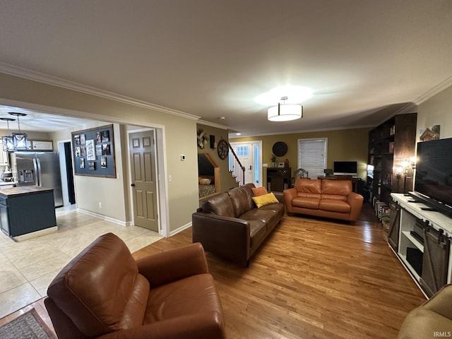 212 Alexandria Dr, Newburgh, IN 47630 - living area featuring ornamental molding, stairs, and baseboards