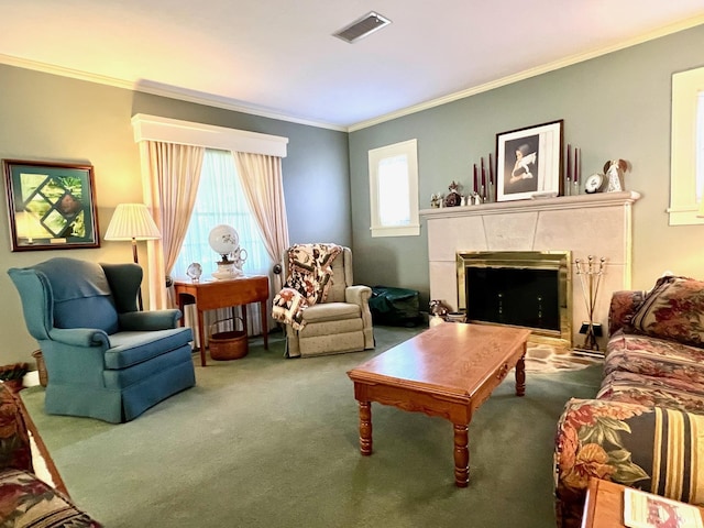 1405 19th St, Bedford, IN 47421 - carpeted living area with crown molding, healthy amount of natural light, and a tiled fireplace