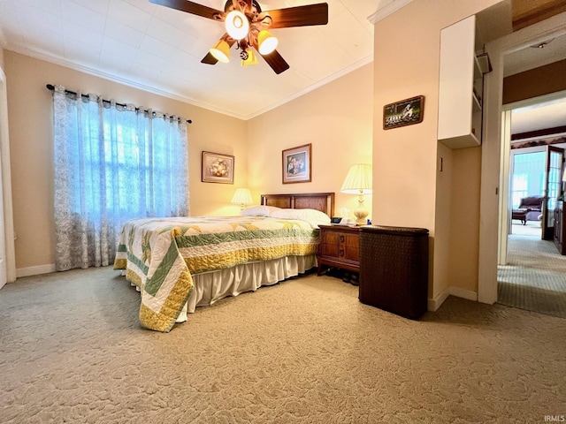 1405 19th St, Bedford, IN 47421 - bedroom with carpet flooring, ornamental molding, lofted ceiling, baseboards, and a ceiling fan