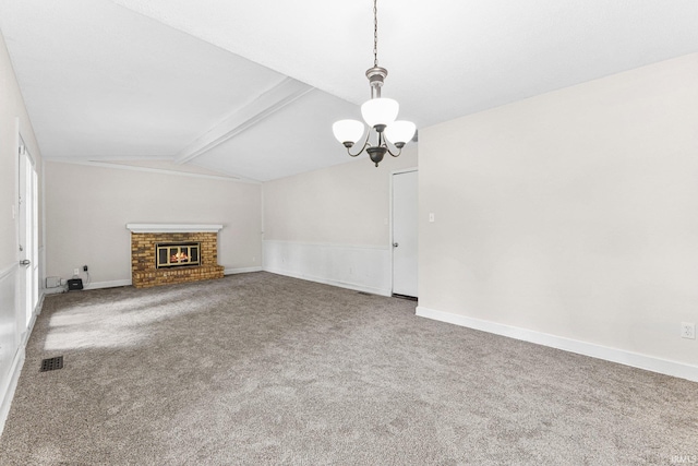 6420 Londonderry Ln, Fort Wayne, IN 46835 - unfurnished living room featuring carpet floors, a brick fireplace, a chandelier, and baseboards