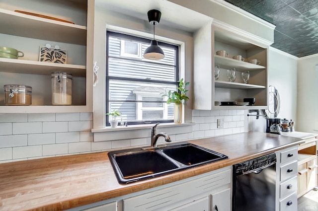 1920 Kenwood Ave, Fort Wayne, IN 46805 - kitchen with black dishwasher, open shelves, a sink, and white cabinets