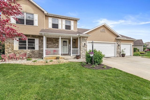 54062 Stonebridge Dr, Elkhart, IN 46514 - view of front of property featuring concrete driveway, stone siding, a garage, and covered porch