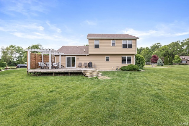 54062 Stonebridge Dr, Elkhart, IN 46514 - rear view of house with a pergola, a wooden deck, a yard, and roof with shingles