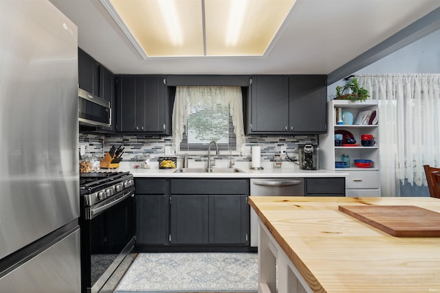 6008 Hinsdale Ln, Fort Wayne, IN 46835 - kitchen featuring appliances with stainless steel finishes, a sink, wooden counters, and backsplash