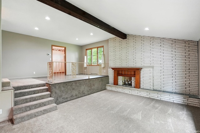 2882 E Hickory Ln, Columbia City, IN 46725 - unfurnished living room with carpet, recessed lighting, and a brick fireplace