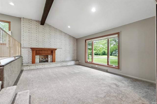 2882 E Hickory Ln, Columbia City, IN 46725 - unfurnished living room featuring plenty of natural light, a brick fireplace, carpet floors, recessed lighting, and baseboards