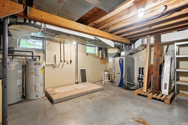 2882 E Hickory Ln, Columbia City, IN 46725 - below grade area with electric water heater, heating unit, and concrete block wall