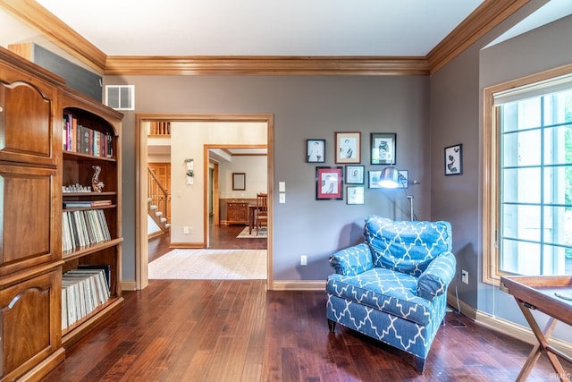 8505 Crenshaw Ct, Fort Wayne, IN 46835 - sitting room with stairs, ornamental molding, dark wood-style flooring, and baseboards