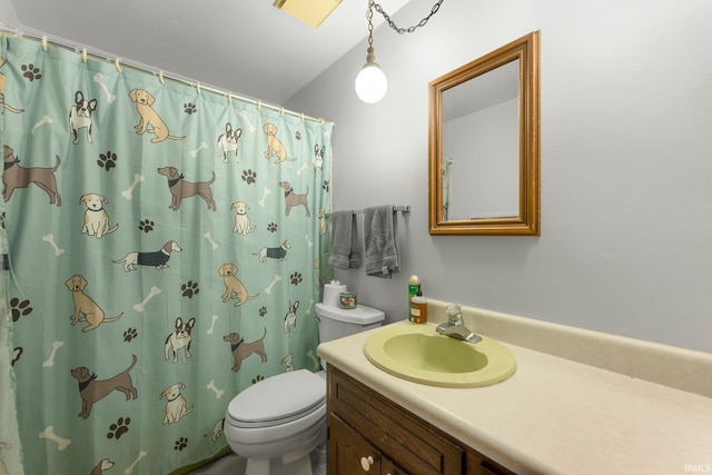 9006 Forestdale Dr, New Haven, IN 46774 - bathroom with toilet, vanity, and a shower with shower curtain
