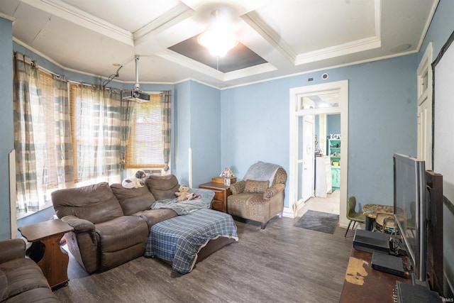 430 S Columbia St, Warsaw, IN 46580 - living room with coffered ceiling, wood finished floors, crown molding, a ceiling fan, and beam ceiling