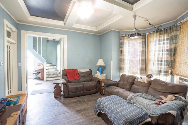 430 S Columbia St, Warsaw, IN 46580 - living room featuring ornamental molding, wood finished floors, ceiling fan, coffered ceiling, and stairway