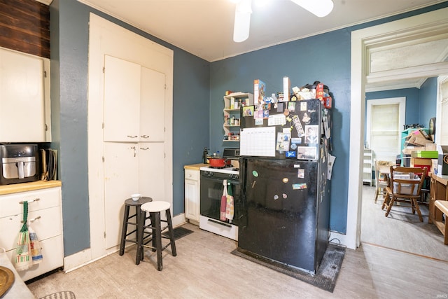 430 S Columbia St, Warsaw, IN 46580 - kitchen with freestanding refrigerator, gas range gas stove, light wood-style floors, and ceiling fan