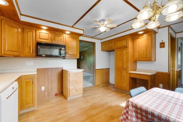 5460 N 550 E, Churubusco, IN 46723 - kitchen featuring black microwave, dishwasher, ceiling fan, light wood-type flooring, and brown cabinetry