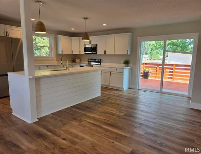 5317 Stellhorn Rd, Fort Wayne, IN 46815 - kitchen with stainless steel appliances, a sink, white cabinetry, dark wood-type flooring, and recessed lighting
