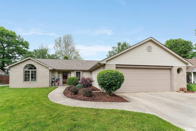 2104 Shady Ln, Garrett, IN 46738 - ranch-style home with brick siding, concrete driveway, a garage, a front lawn, and roof with shingles