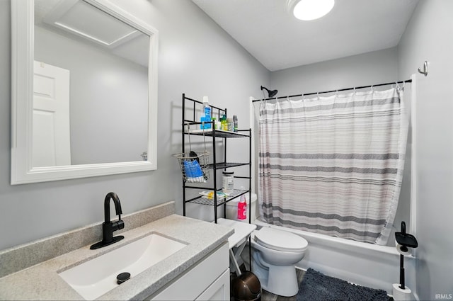 202 E Pickwick Dr, Syracuse, IN 46567 - bathroom featuring vanity, shower / bath combo, and toilet