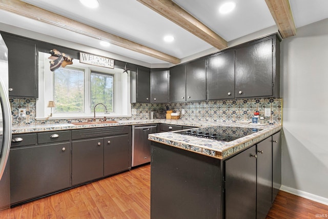 10317 Bass Rd, Fort Wayne, IN 46818 - kitchen featuring a sink, stainless steel dishwasher, black electric stovetop, beamed ceiling, and light wood-type flooring