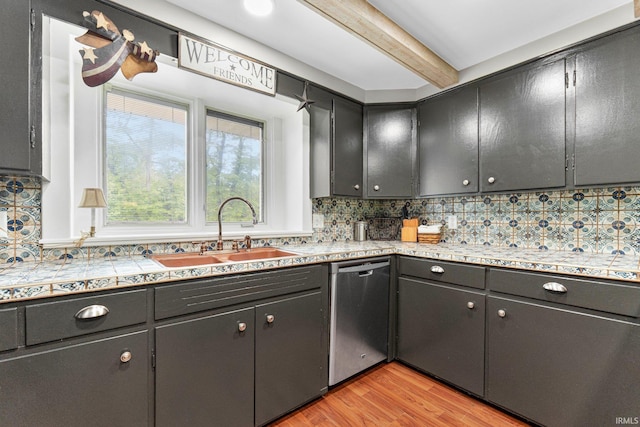 10317 Bass Rd, Fort Wayne, IN 46818 - kitchen with dishwasher, a sink, backsplash, beam ceiling, and light wood-style floors